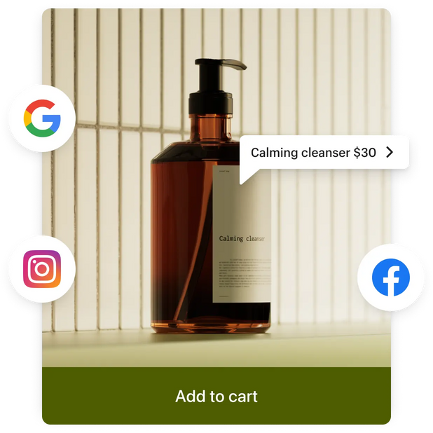 Close up on a skincare product on a shelf in a store. The product is framed by an online checkout screen and surrounded by logos for popular social media platforms indicating this product is for sale in store, online, and on social media.